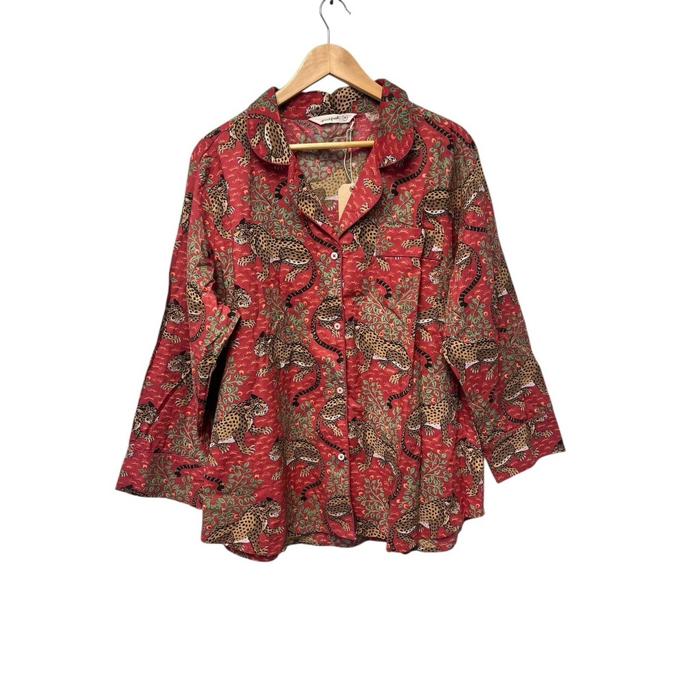 NWT Anthropologie Print Fresh Pajama Top ONLY 2X Red Bagheera Leopard Cotton‎
